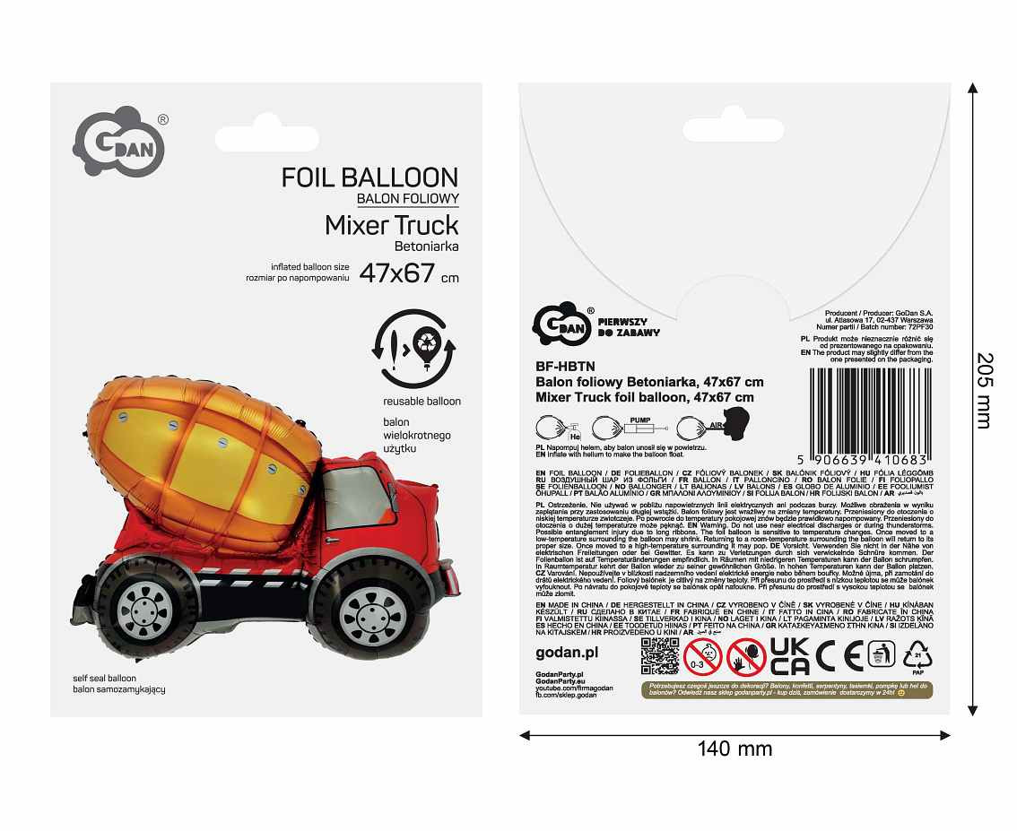 Mixer Truck foil balloon, 47x67 cm